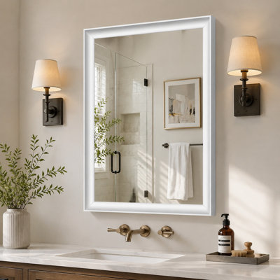 22x30 Inch White Metal Framed Bathroom Mirror, Hd Tempered Glass Wall Mounted Vanity Mirror