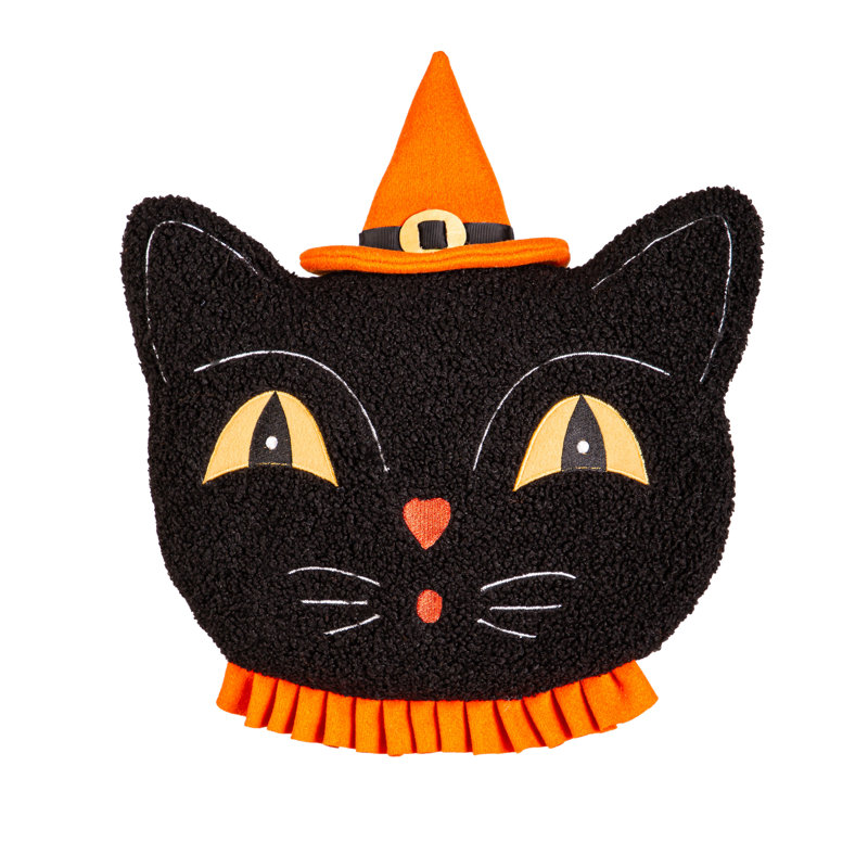  13" Black Cat Embroidered Shaped Pillow 
