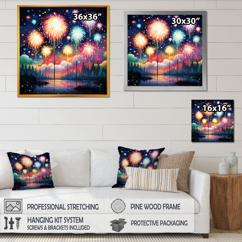 Feux d'artifice bleus et roses au bord du lac - Art mural, Cadre flottant doré, H 30 po x l 30 po x P 1,5 po