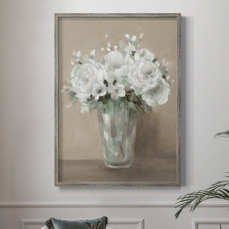 Reproduction encadrée de fleurs blanches - bois massif, H 21 po x l 17 po