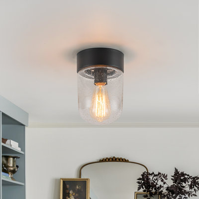 1-Light Matte Black Flush Mount Ceiling Light With Seeded Glass Shade