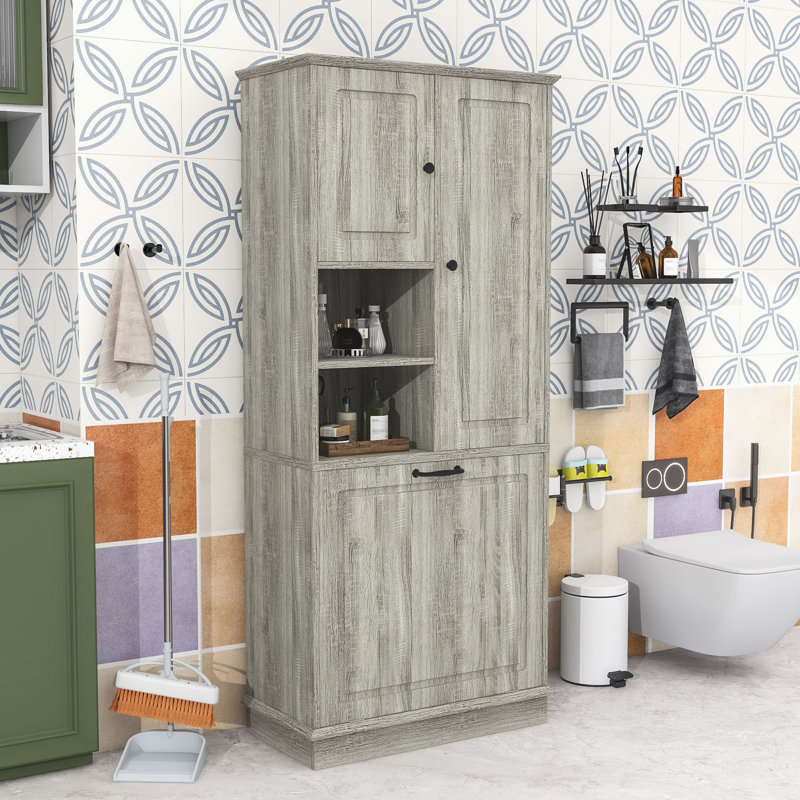 Armoire de rangement moderne pour salle de bain compacte avec panier rabattable, tablettes réglables et grand espace de rangement