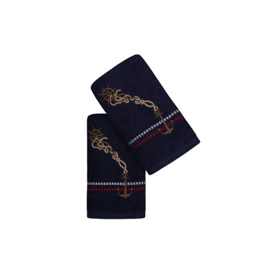 Ensemble de serviettes luxueuses 100% coton, 19,7 po x 35,4 po | 450 g / m², motif brodé | Bleu foncé et rouge avec accents blancs et beiges | Lavable à la machine, doux et absorbant pour la maison ou le spa