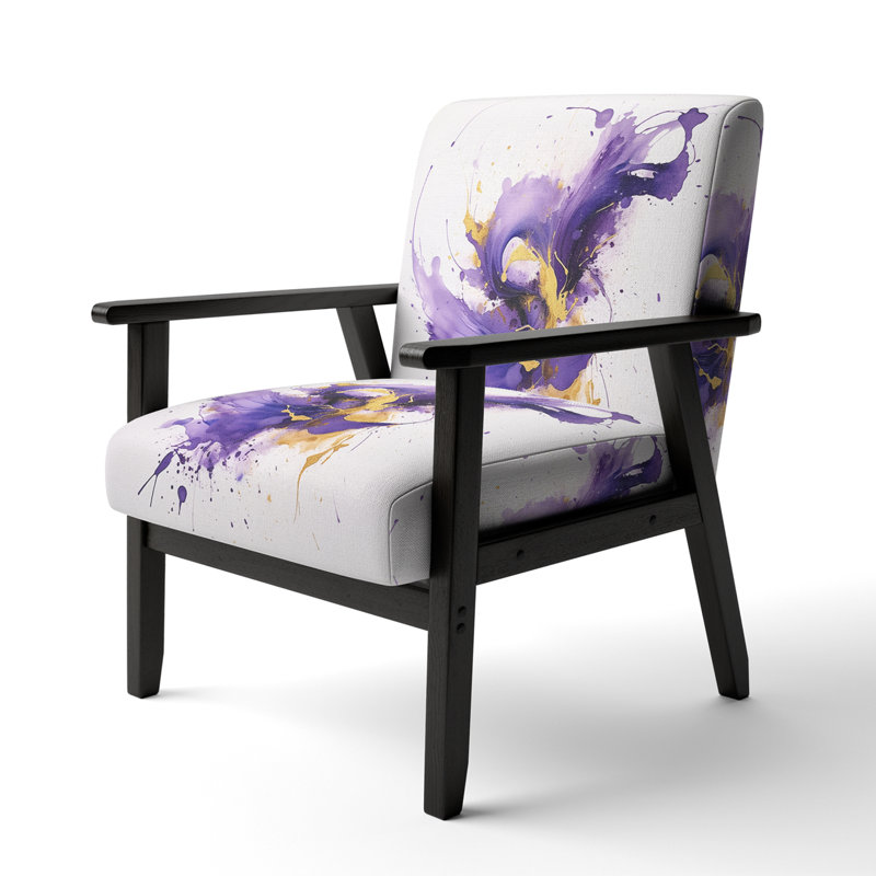 Purple And Gold Splash - Upholstered Midcentury Modern Arm Chair, Black Square Arms