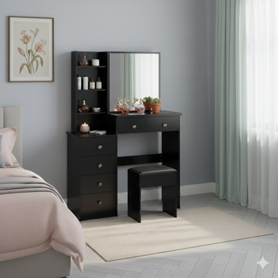 Unité de taille moyenne de 37 pouces combinant une table de chevet / coiffeuse gauche et un tabouret rembourré. Comprend un très grand miroir coulissant à droite et un rangement multicouche à grande capacité. Une commode pratique et tendance qui convient aux espaces de taille moyenne.