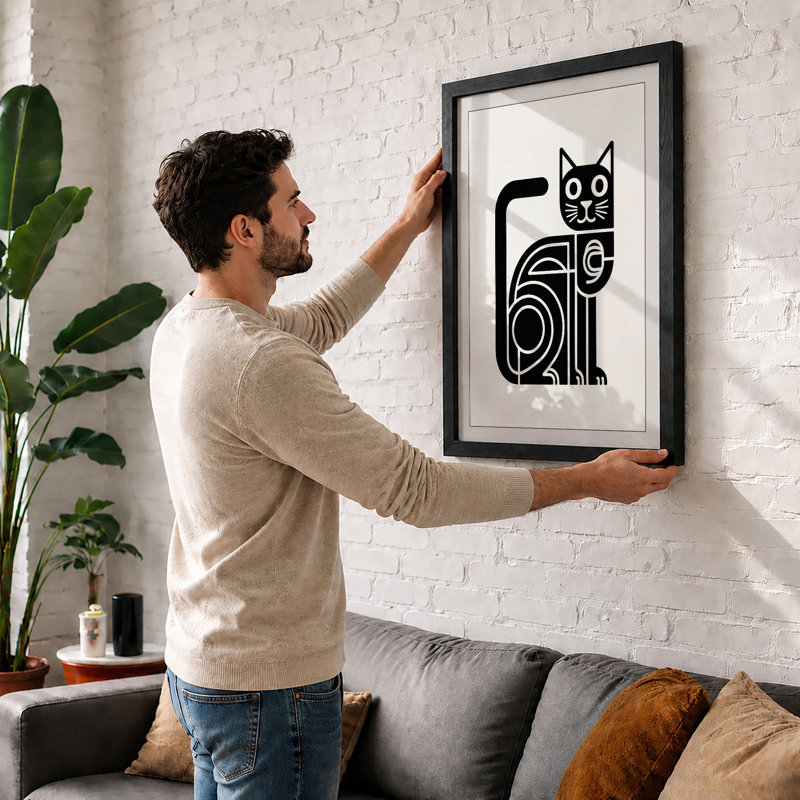 Cat Geometric - Framed Print, Walnut, A1 - 84.1 x 59.4 cm
