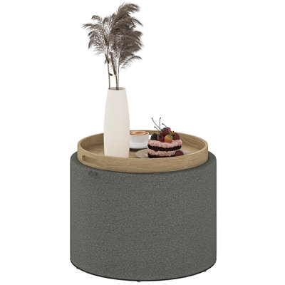 Round Storage Ottoman with Flip Top Tray, Upholstered Fabric Foot Stool, Small Coffee Table with Hidden Compartment, Accent Vanity Stool for Living Room, Dark Gray
