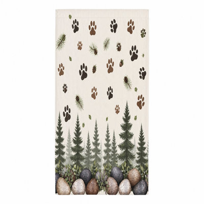 Serviette de plage 1Pcs avec empreintes de pattes de chien, avec des imprimés mignons et des pommes de pin éparpillées sur un fond blanc avec un motif de rivage rocheux au fond. Grande microfibre, idéale pour la natation, les voyages, le camping, unisexe.