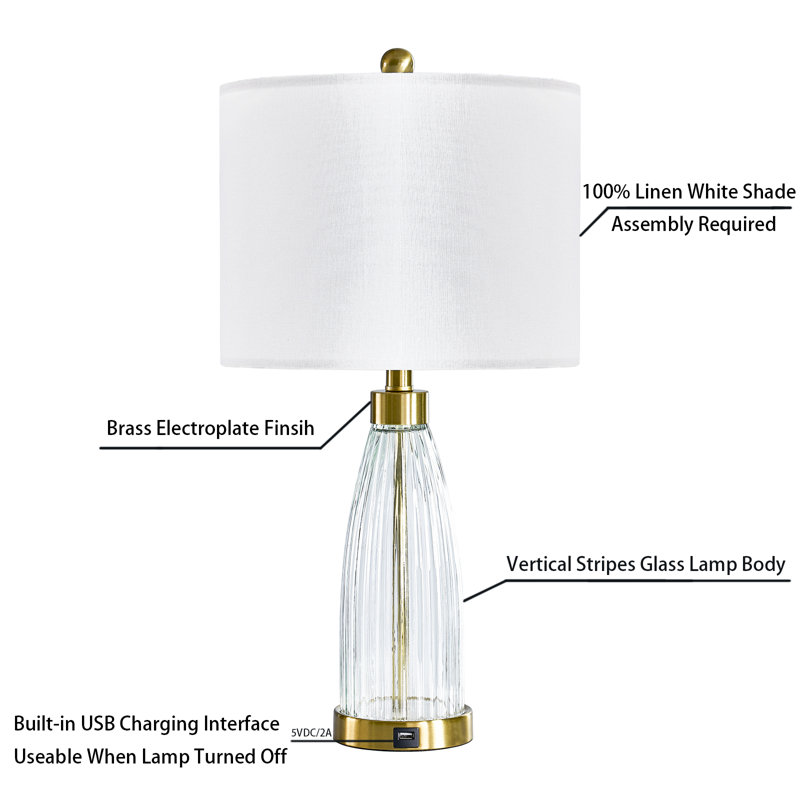 Gold and Glass 25'' Table Lamp Set with USB Ports