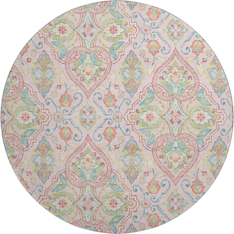 Premium Machine Washable Mayfield AMF2207 bohemian Rug, Pink, 8' Round
