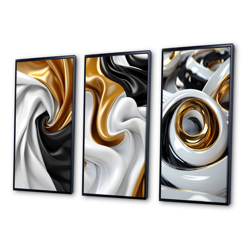 Liquide, spirale abstraite, or, noir et blanc - Ensemble de 3 formes d'art abstrait, H 20 po x l 36 po, Cadre flottant noir