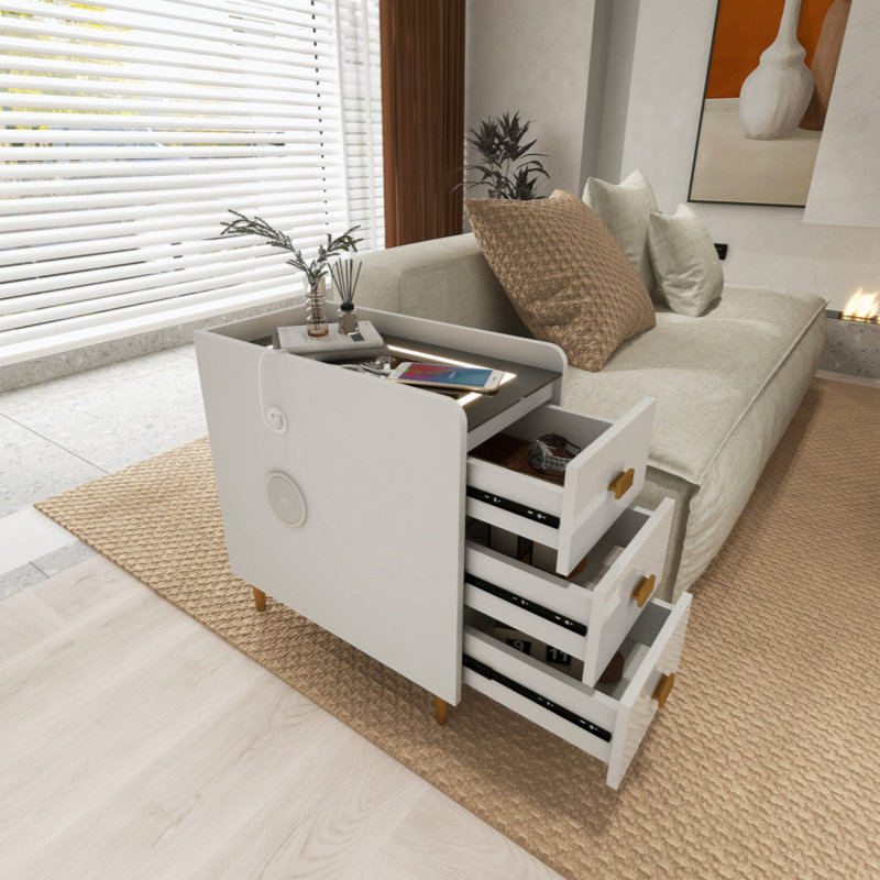 Table de chevet 3 tiroirs Aadrith, Blanc