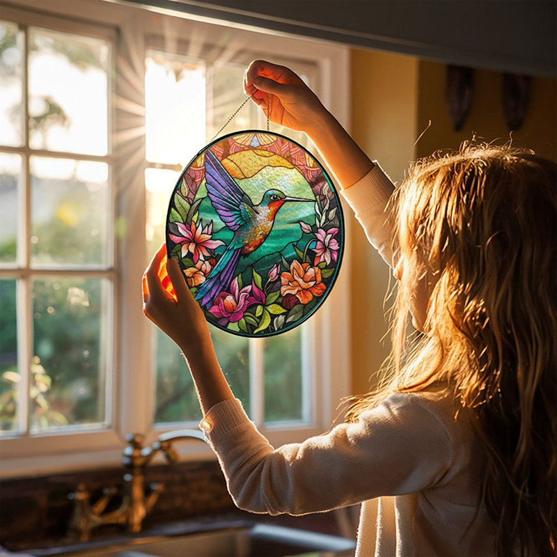 Colibri fleurs vitrail panneaux vitrail Suncatcher pour décoration de fenêtre, 6,3 x 6,3 po (16 x 16 cm)