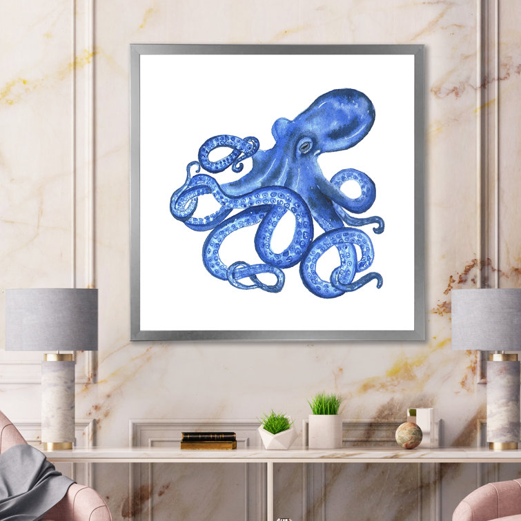 Cute Blue Octopus II - Nautical & Coastal Canvas Artwork Highland Dunes Size: 16 H x 16 W x 1 D, Format: Natural Floater Framed Canvas