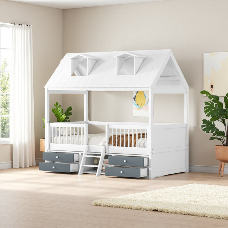 Wood Bed House Bed Frame, Twin, White