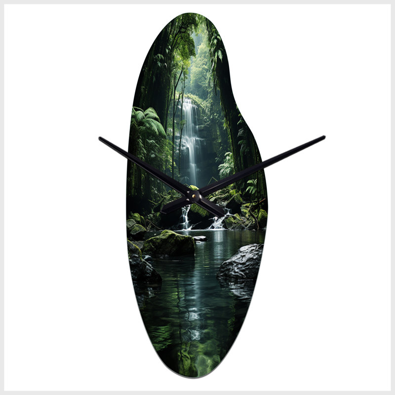 «Waterfall Hidden Oasis Forest II - Waterfall», horloge murale asymétrique, Médium