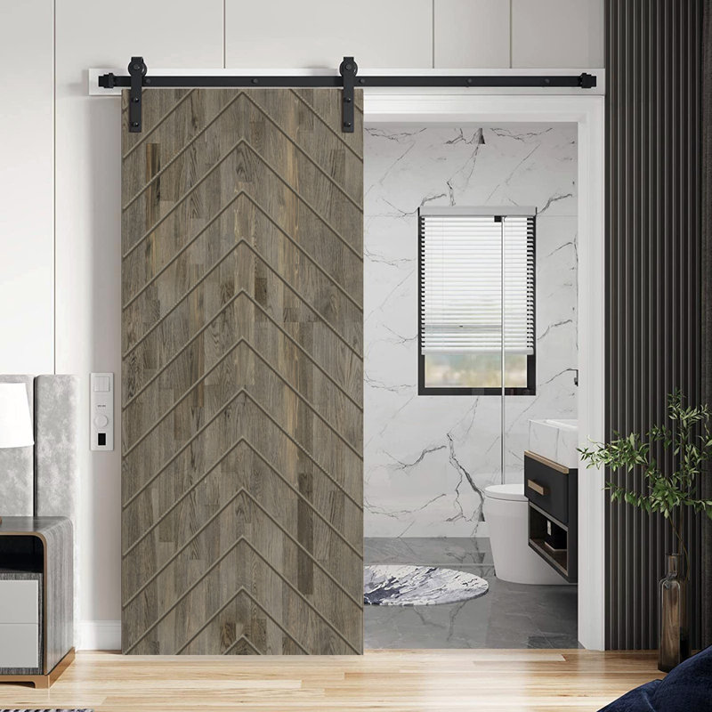 Porte de grange 84 po à panneaux creux peints avec quincaillerie d'installation, 36 po x 84 po, Gris