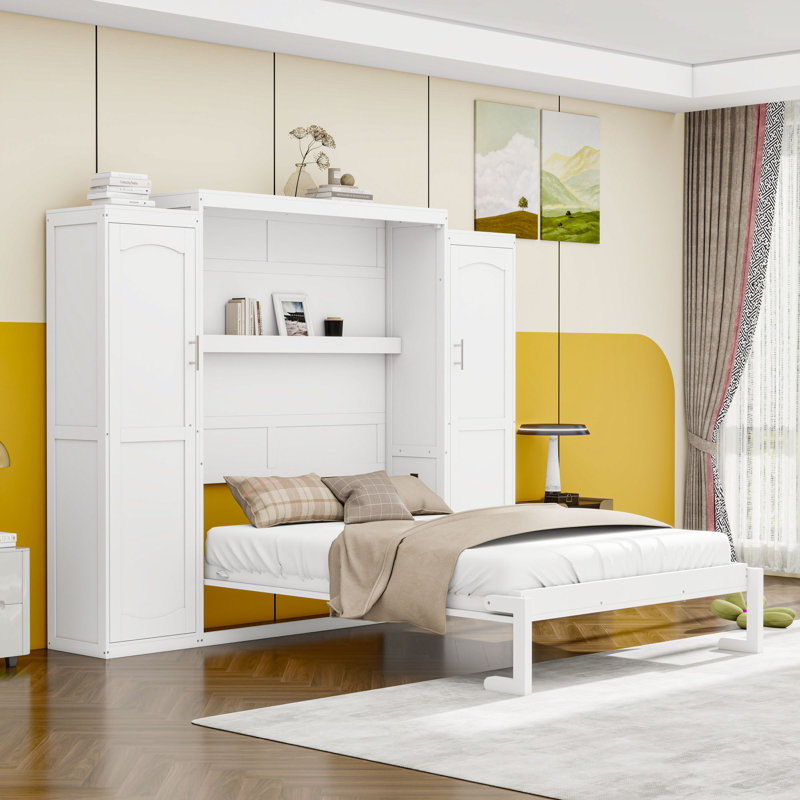 Lit escamotable en bois avec deux garde-robes et tablettes de rangement, Double