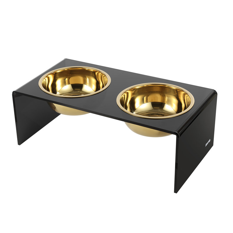 Keaton 7.5" Black and Gold Modern Elevated Pet Feeder with Stainless Steel Bowls