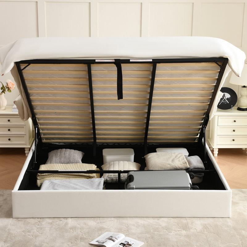 Lit plateforme tapissier avec rangement Arcadia, Très grand, Blanc
