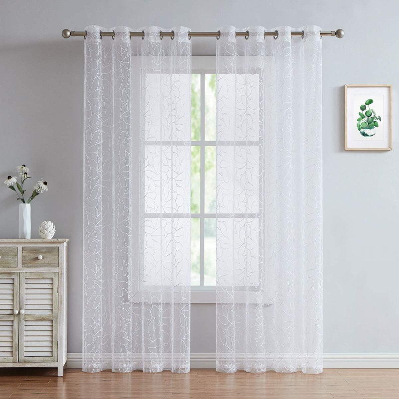 Chic Boho Sheer Embroidered Curtains With Beautiful Embroidery, White, 54" W x 63" L