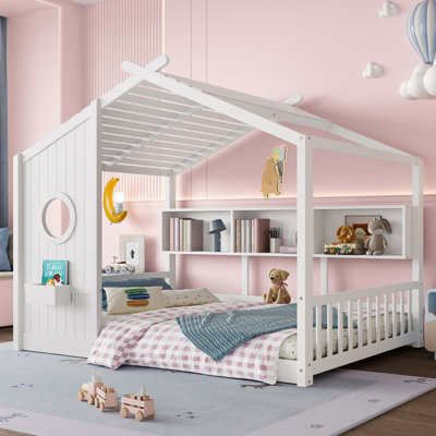 Lit pleine grandeur pour tout-petit, lit Montessori avec tablette de rangement, lit maisonnette avec toit