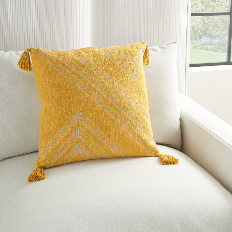 Golden Yellow Embroidered Cotton Throw Pillow with Tassels, 20x20