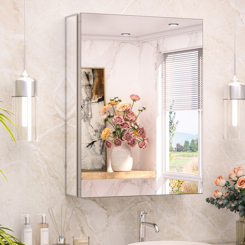 Omeed Mirrored Aluminum Medicine Cabinet with 2 Shelves, 26" H x 20" W x 5" D, Silver
