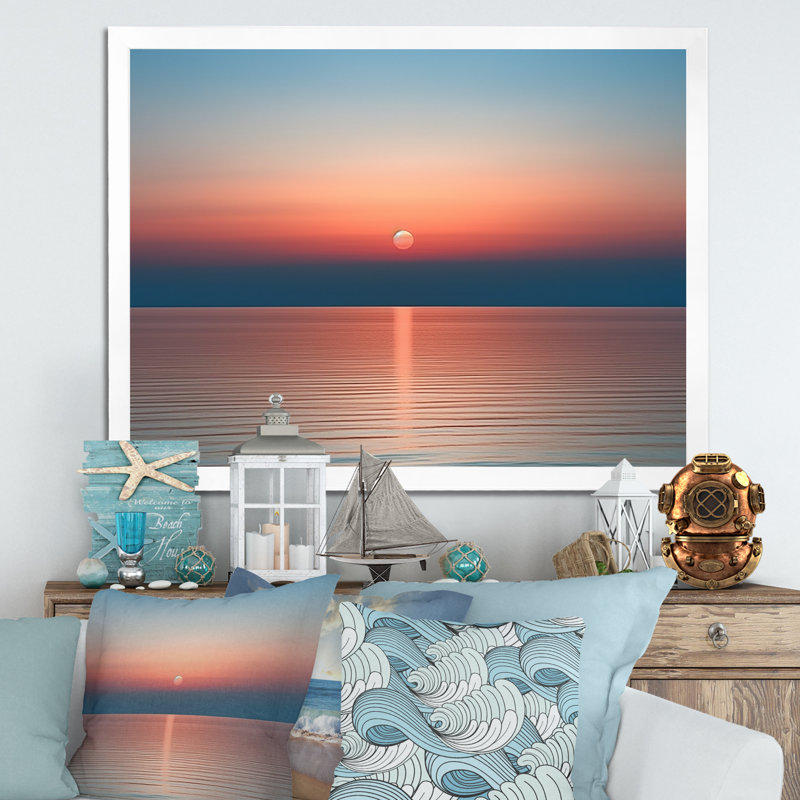 Rancourt " Minimal Coastal Sunset Skyline ", White Single Picture Framed, 16" H x 32" W x 1" D