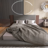 King Size Grey Upholstered Platform Bed With Extended Wood Headboard And Built-In Bedside Shelf