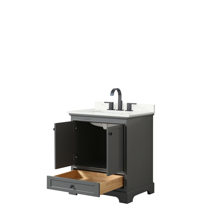 Deborah 30'' Single Bathroom Vanity with Marble Top, White Cultured Marble, Dark Gray, Matte Black