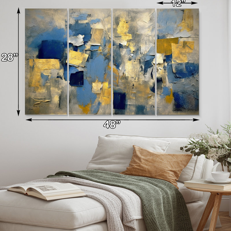 «Lyrical Abstraction In Blue And Yellow II - Abstract Collages», reproduction sur toile - 4 panneaux
