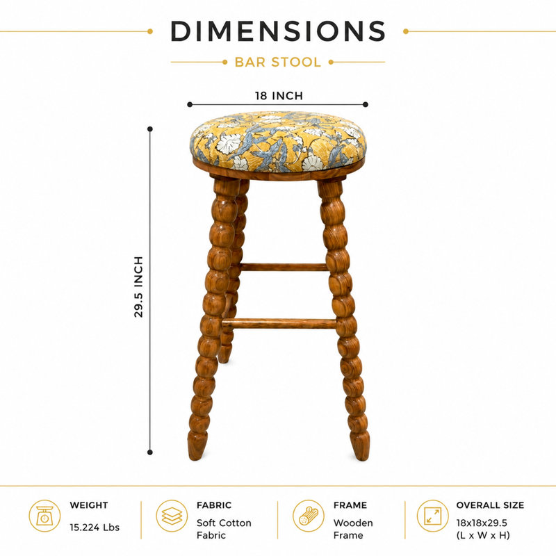 Tabouret de bar rembourré avec structure en bois d'acacia massif, Yellow Floral