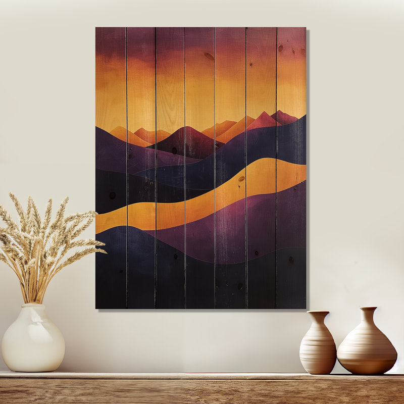 Lavande, pics au crépuscule IV - paysage de montagne, décoration murale en bois - sur bois de pin naturel