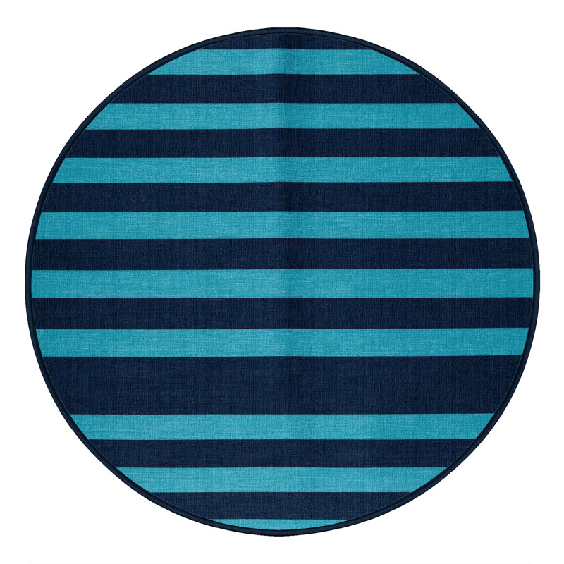 Tapis bleu à rayures horizontales lavable à la machine, Rond 6 pi