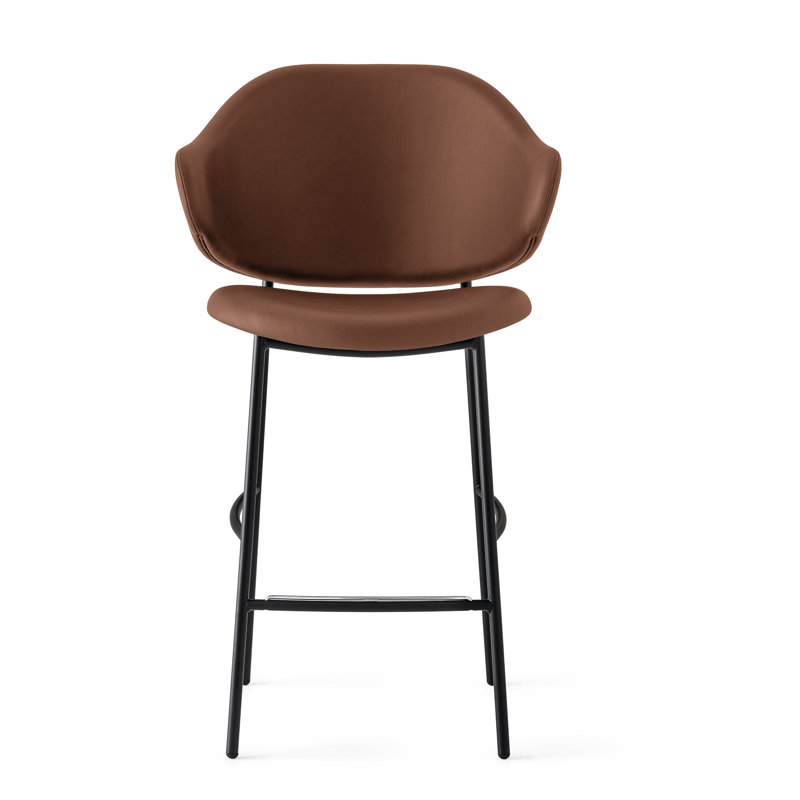 Holly Upholstered Stool with Rounded Back and Metal Frame, Matt Black, Tobacco