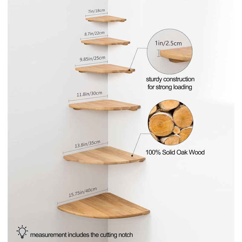 Corner Shelf, Oak Wood Floating Corner Shelf Wall Mount Round End Floating Speaker Shelf With Wire Hole Shelf For Small Plant Photo Frame For Bedroom Kitchen, Living Room 7Inch