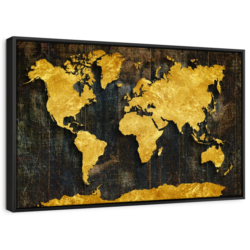 Carte "Reproduction de carte du monde dorée raffinée", H 9 po x l 13 po