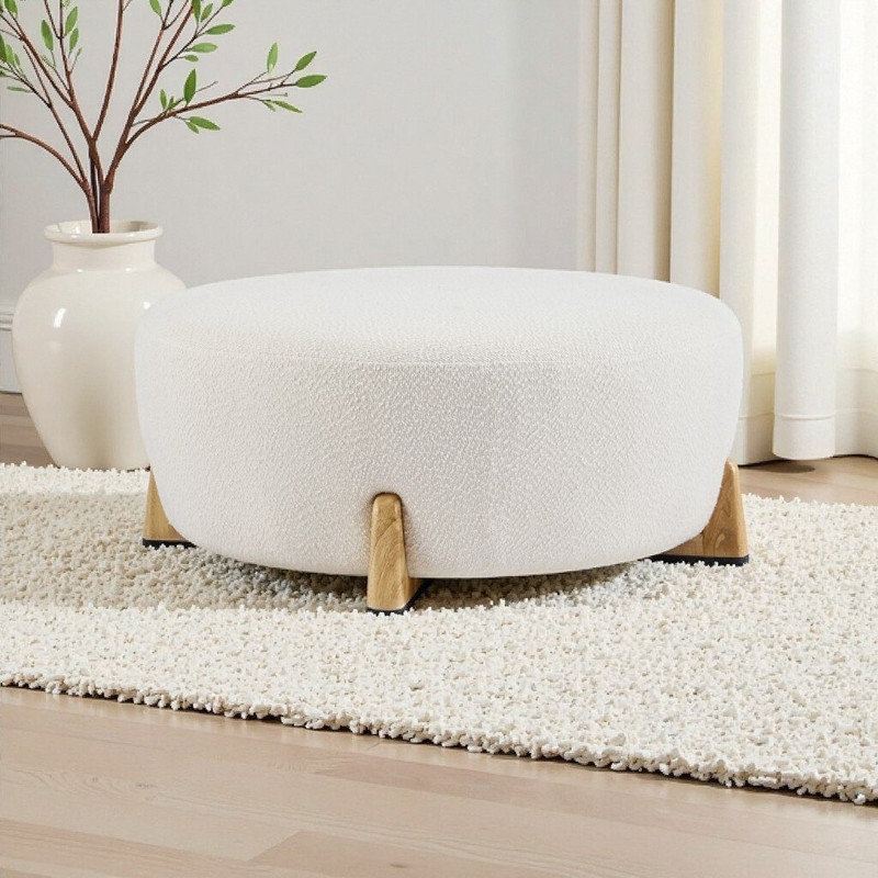 Round Ottoman With Boucle Upholstery And 4 Solid Wood Legs, Natural Wood,White
