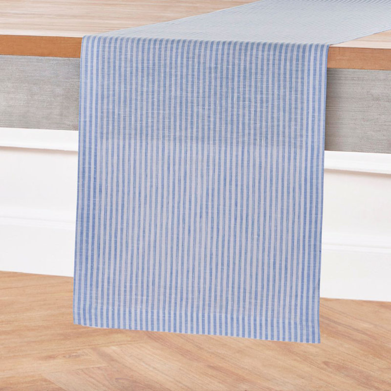Narrow Stripe - 100% Pure Linen  Table Runner, 132" x 14", Cornflower Blue/White