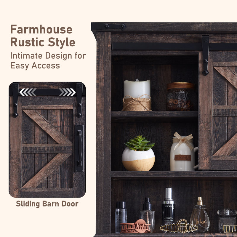 Kajus 23.5"W Farmhouse Bathroom Wall Cabinet, Wall Mounted Cabinet With Sliding Barn Door, Dark Rustic Brown