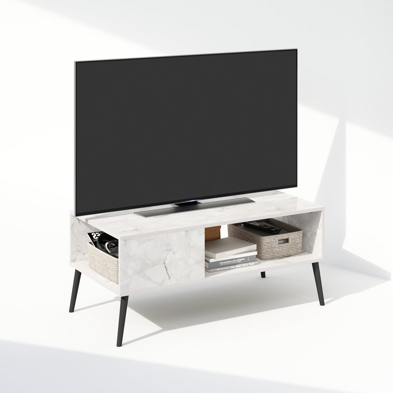 Furinno Claude Mid Century Style TV Stand for TV up to 40 with Wood Legs, Marble White, White