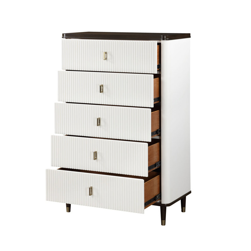Dzianis 5-Drawer Chest in White and Walnut