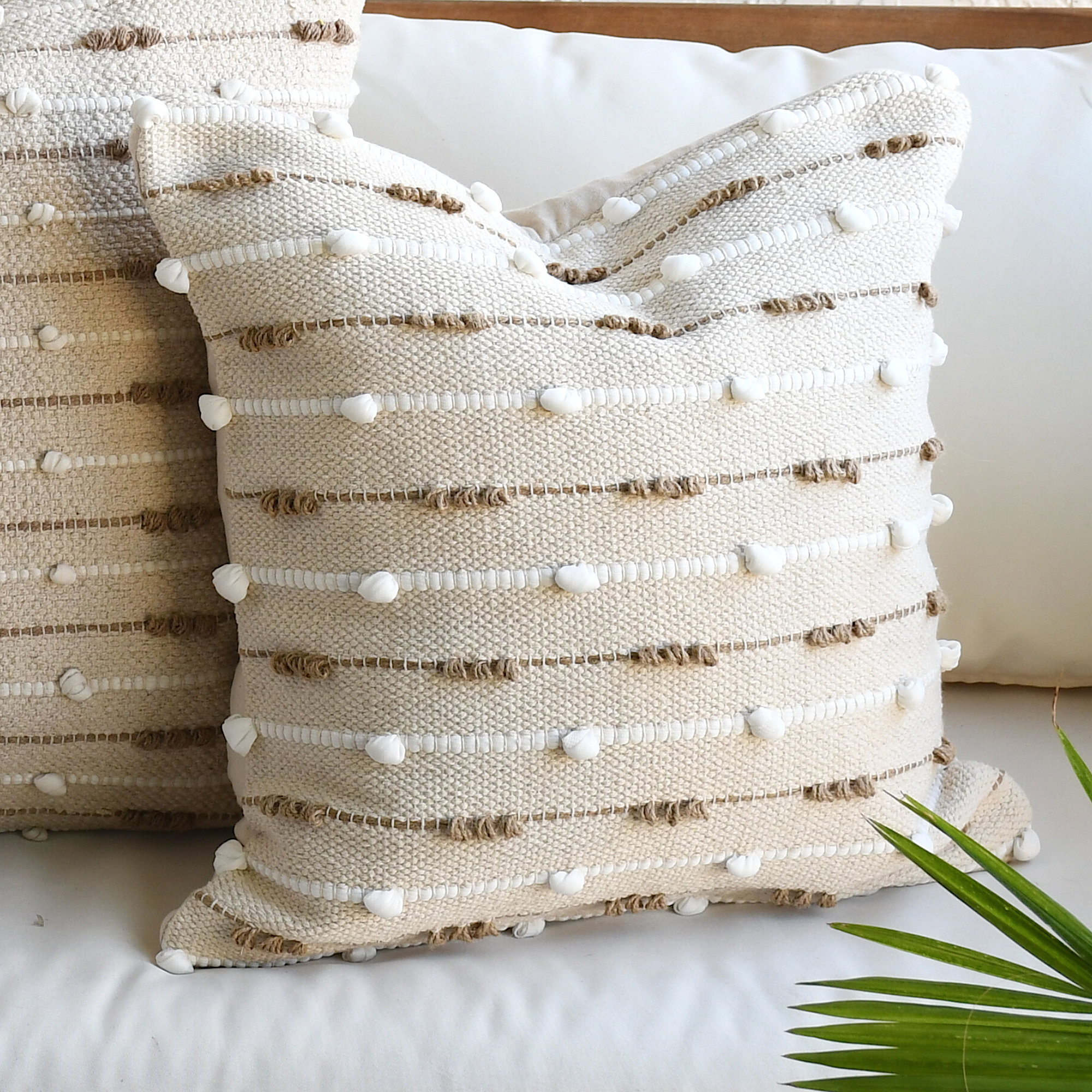 Decorative Boho Throw Pillow Covers 18 × 18 Set of 3 - Neutral Linen Cotton  Throw Pillows with Handmade Fringes & Tassels, Cream Beige Tan Accent