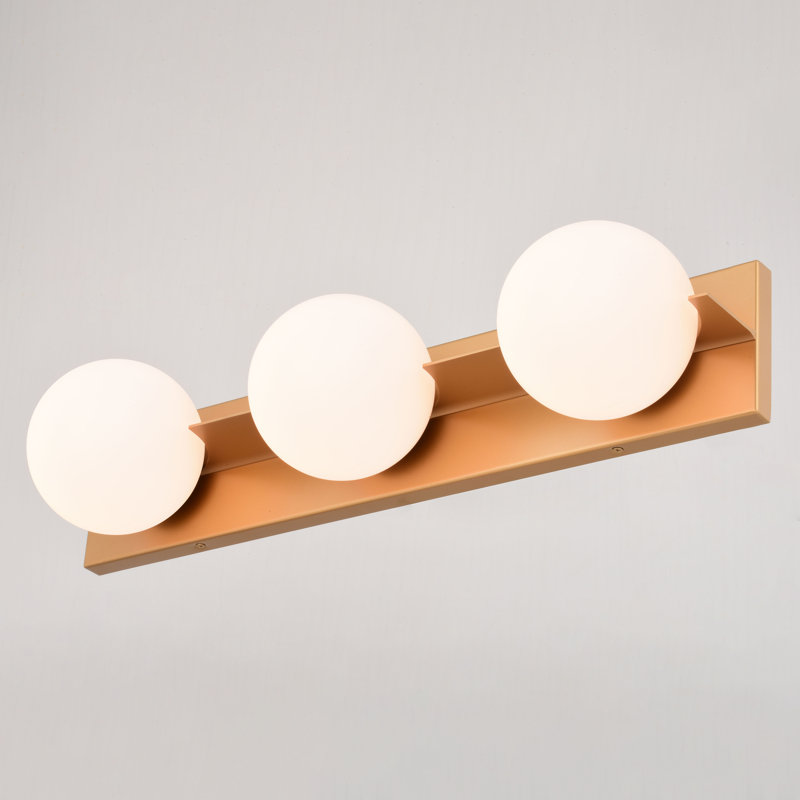 Kristan 3-Light 24 inch Wide Satin Brass Gold Mid-Century Modern Bathroom Vanity Lighting Fixture, Frosted Opal Glass Shade, Dimmable LED Compatible Over the Mirror Wall Mounted Full Backplate