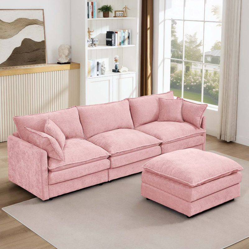 Canapé-lit 3 places confortable avec repose-pieds mobile, Rose