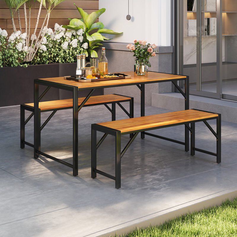 3 Pcs Dining Set For 4 People Outdoor Picnic Table & 2 Benches W/ Metal Frame, 30" H x 28" W x 53" D, Gray