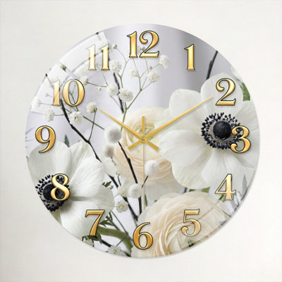 Floral Design Modern Decorated Glass Wall Clock Home Decor Art-23.6"