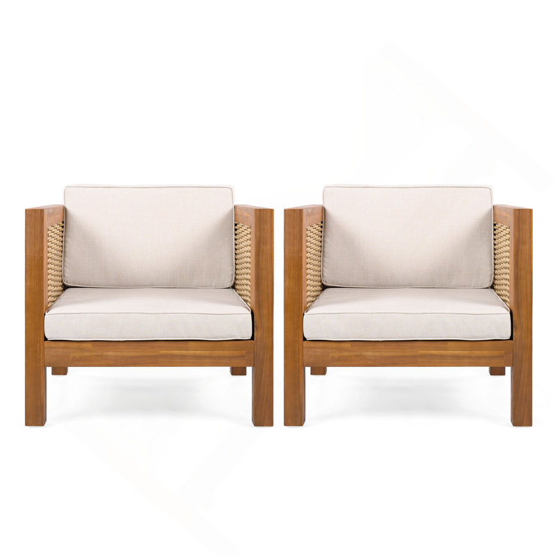 Ensemble de 2 fauteuils club d'extérieur, structure en bois d'acacia avec accoudoirs en osier et coussins beiges, capacité de 400 lb