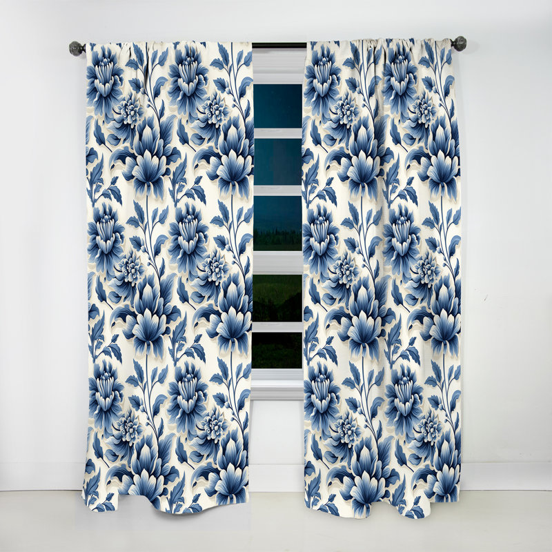 Blue Maritime Flower Damask Serenity I - Damask Curtain - Velvet Room Darkening - 1 Panel, 52" W x 95" L
